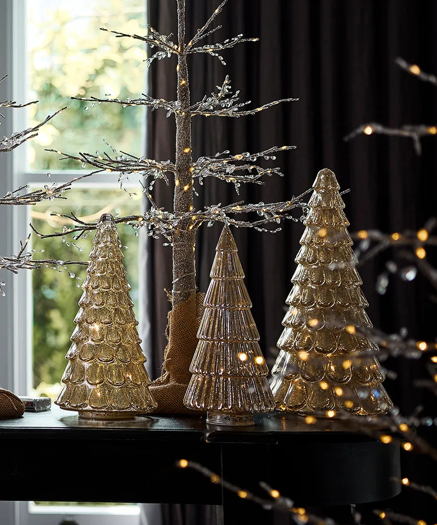 French Country Antique Silver Snow Light Up Glass Christmas Tree-Small & Medium