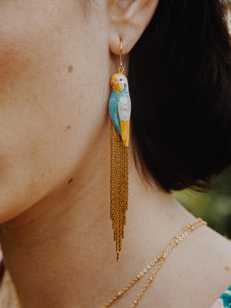 Nach Blue Budgerigar with Fringe Gold Earrings