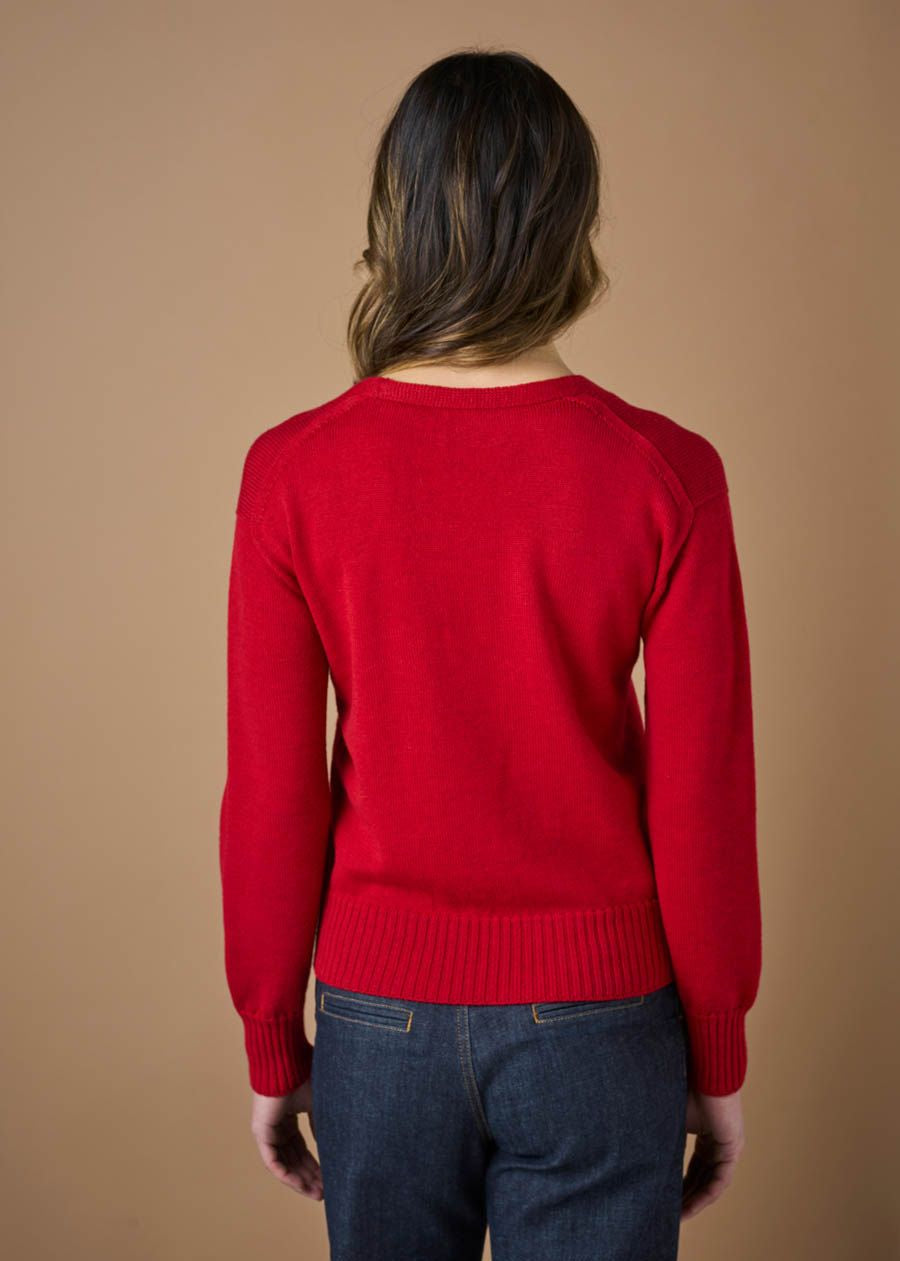 Agnes V Neck Wool Cardigan- Poppy