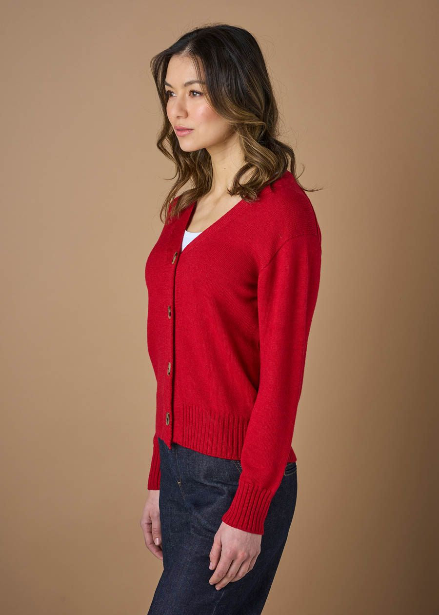 Agnes V Neck Wool Cardigan- Poppy