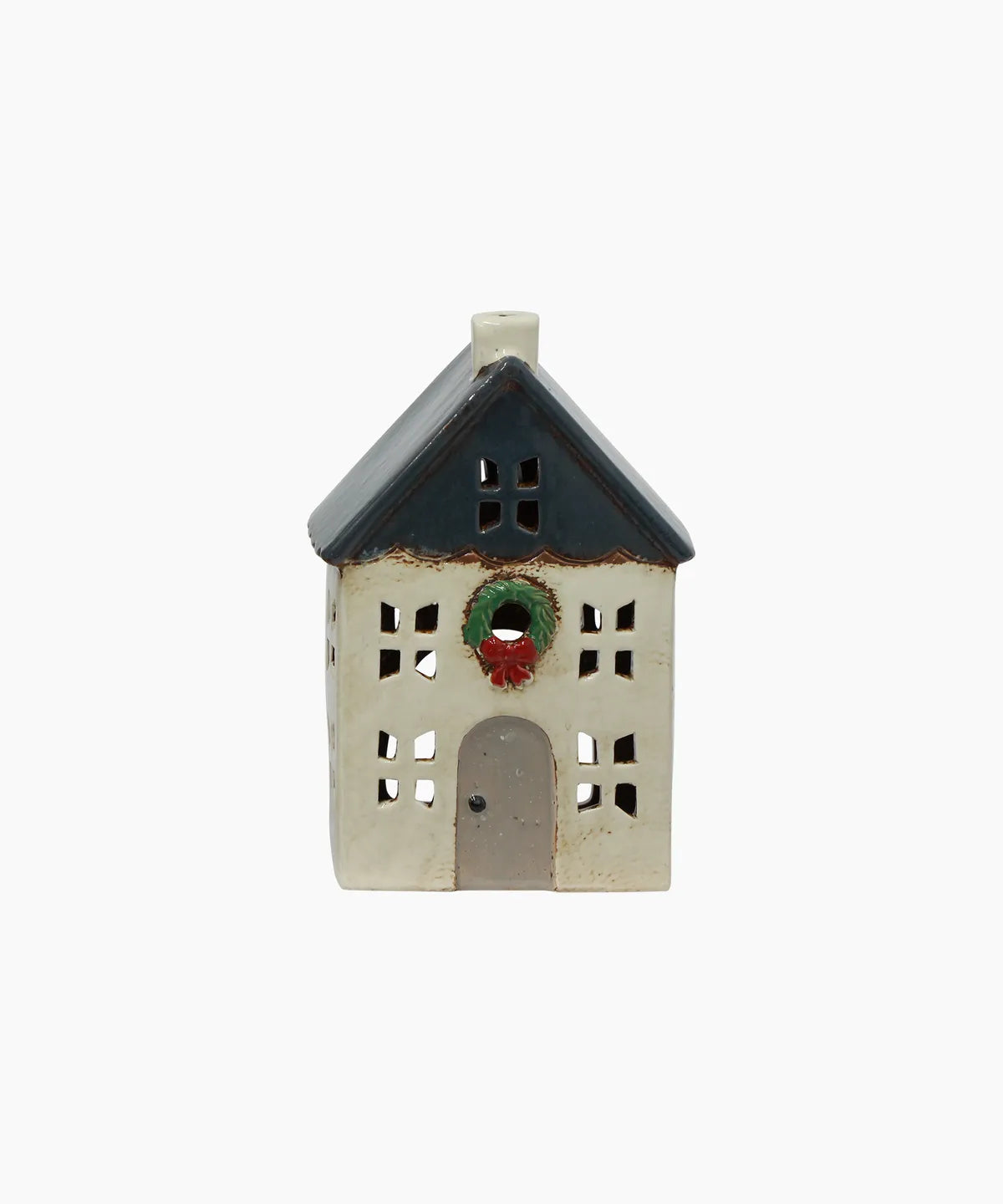 French Country Christmas Tealight House Blue with Wreath Small