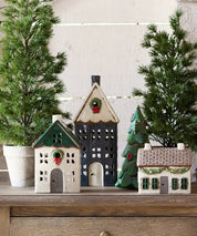 Christmas Tealight House Blue w/ Wreath Large