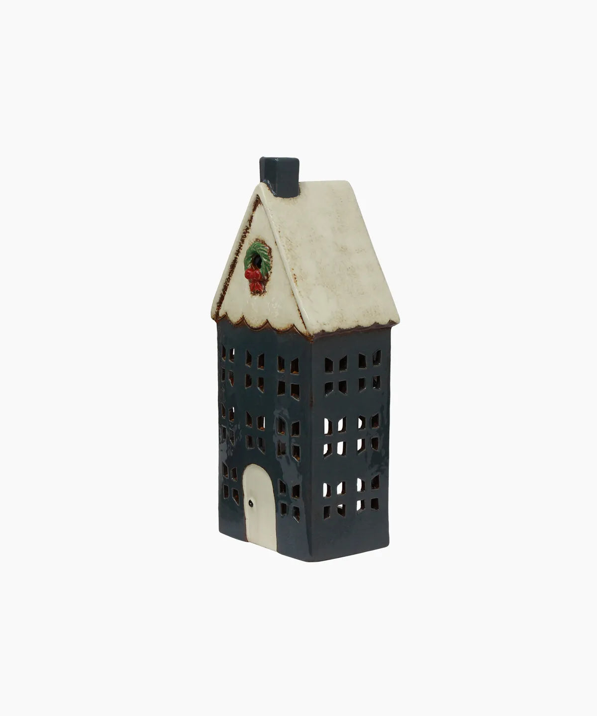 French Country Christmas Tealight House Blue with Wreath Large