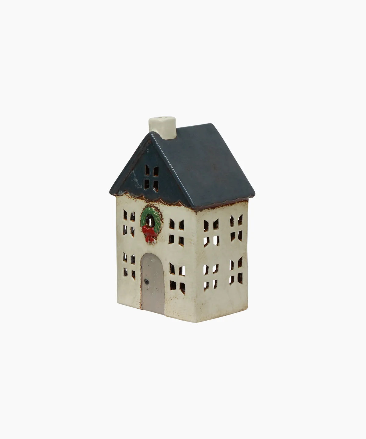 Christmas Tealight House Blue w/ Wreath Small
