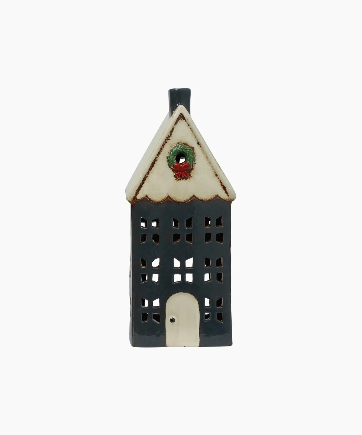 Christmas Tealight House Blue w/ Wreath Large