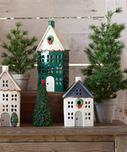 Christmas Tealight House Blue w/ Wreath Small
