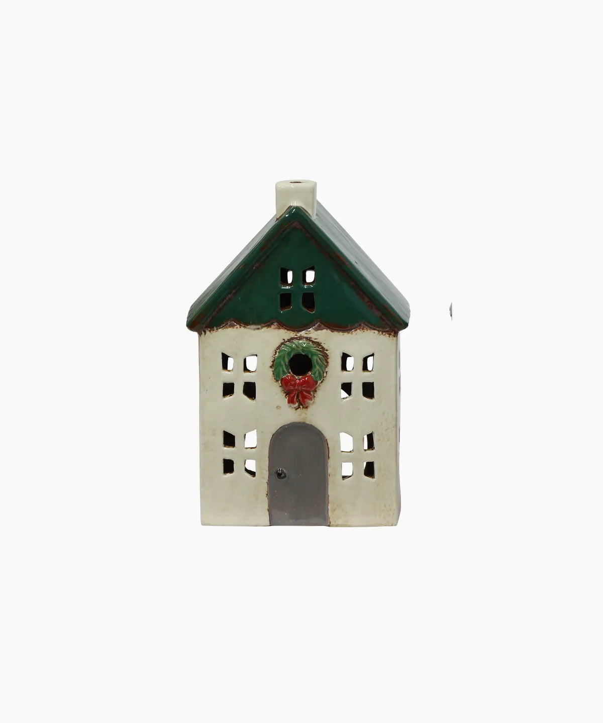 French Country Christmas Tealight House Green with Wreath Small