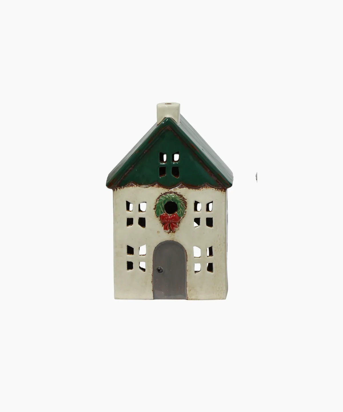 French Country Christmas Tealight House Green with Wreath Small