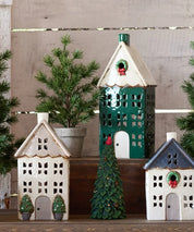 Christmas Tealight House Green w/ Wreath Large