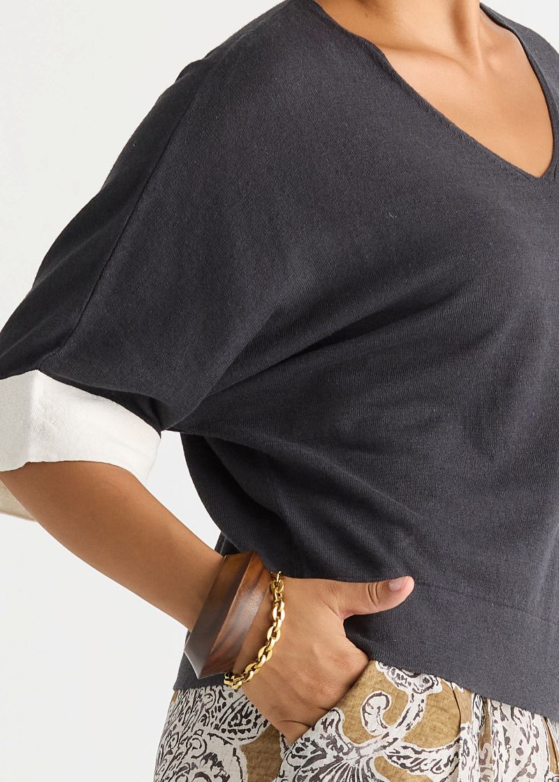 Contrast Cuff Top- Graphite