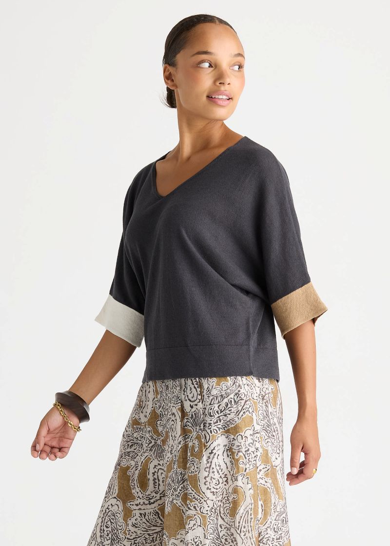 Contrast Cuff Top- Graphite