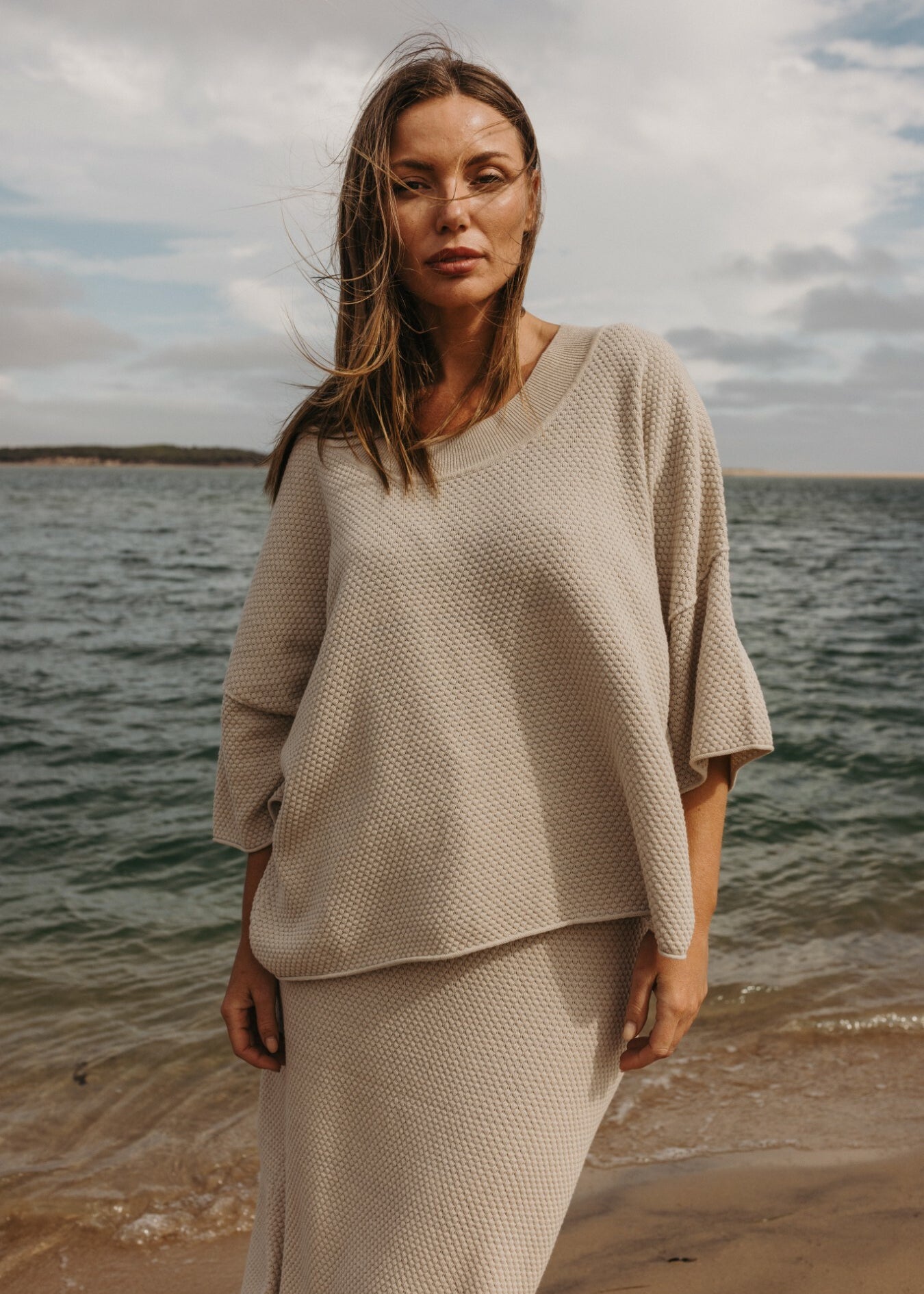 Talamaya Coral Knitted Tee Pullover in Sand Combo