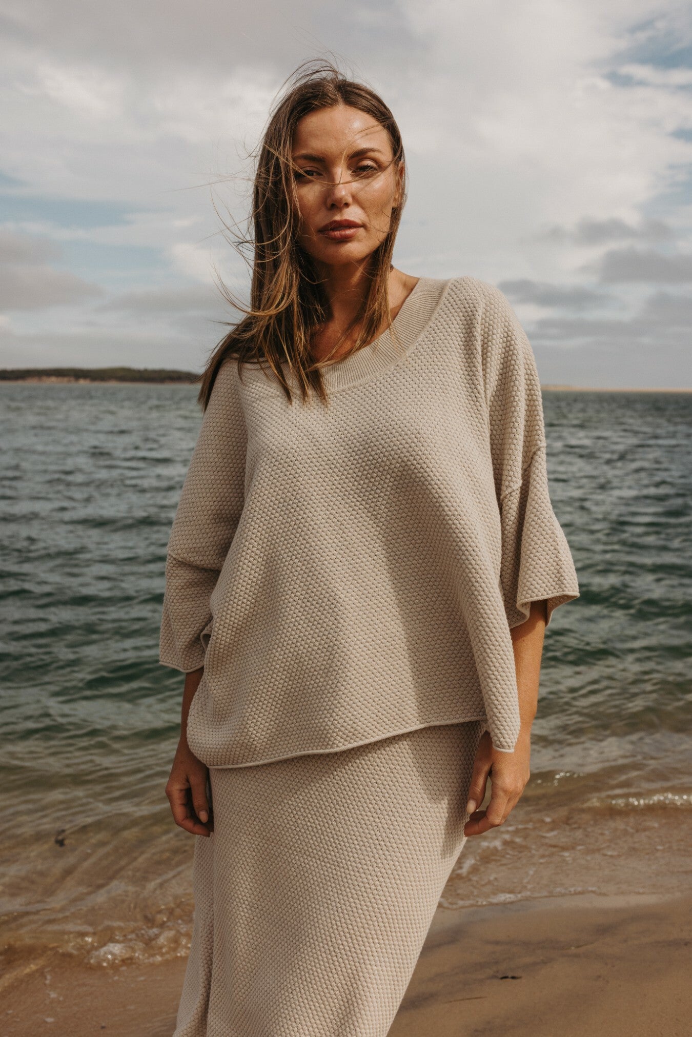 Talamaya Coral Knitted Tee Pullover in Sand Combo