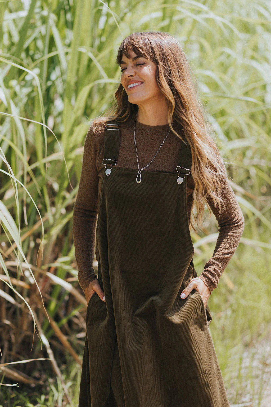 Corduroy Midi Overall Dress- Olive