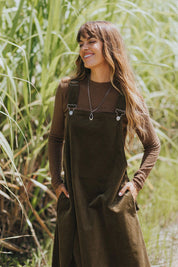 Corduroy Midi Overall Dress- Olive