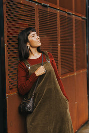 Corduroy Midi Overall Dress- Olive