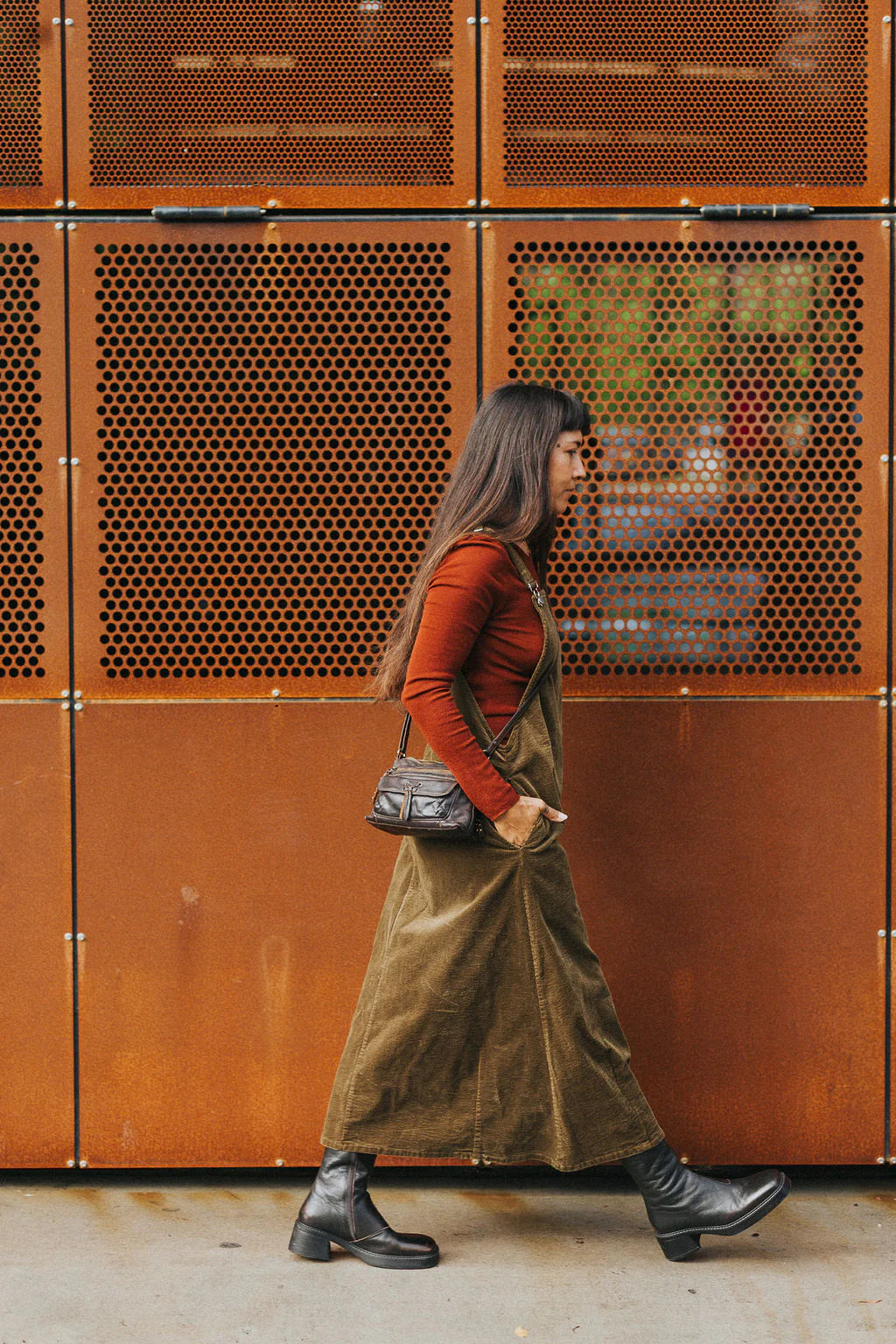 Corduroy Midi Overall Dress- Olive