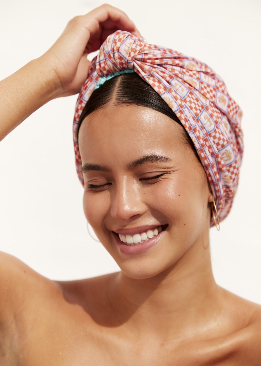 Louvelle Dahlia Big Hair Turban in Orange Palm Check