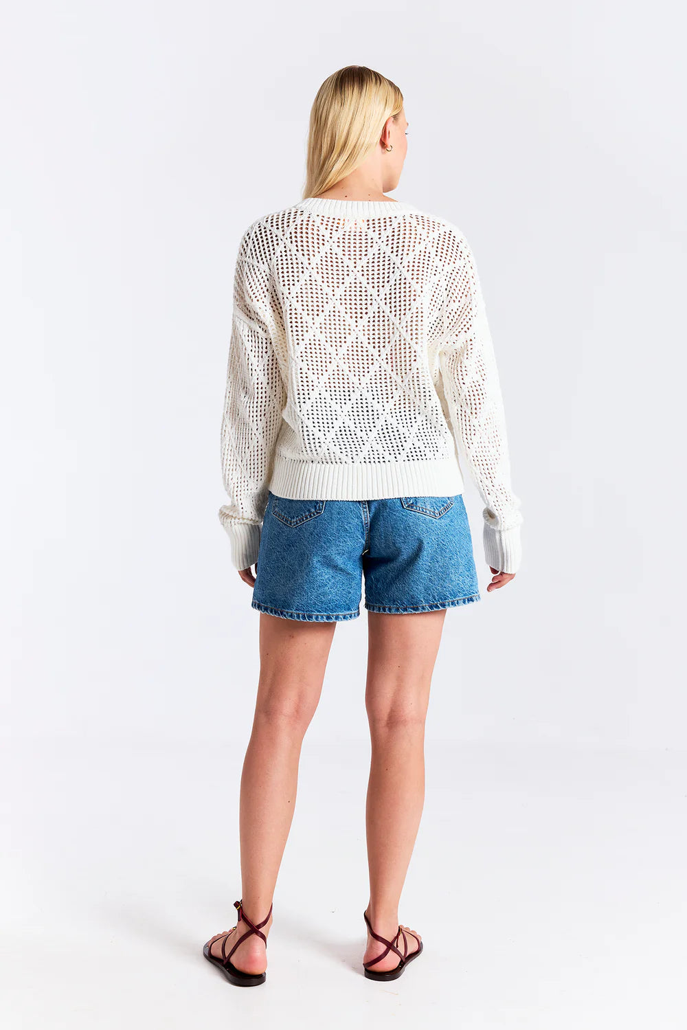 Diamond Pointelle V Neck- Ivory