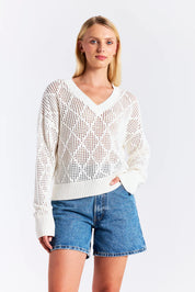 Diamond Pointelle V Neck- Ivory