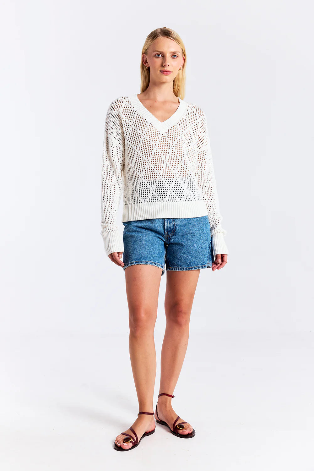 Diamond Pointelle V Neck- Ivory