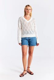 Diamond Pointelle V Neck- Ivory