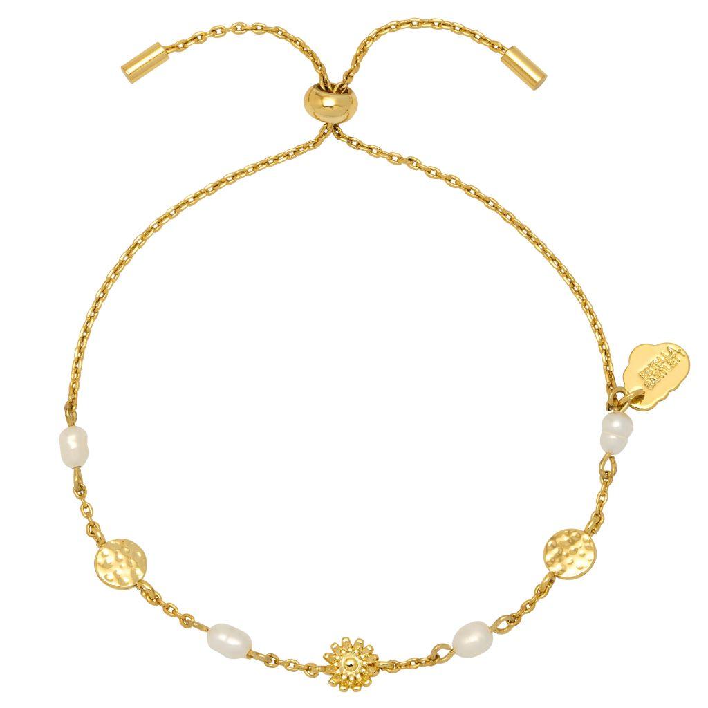 Estella Bartlett Flower Pearl Hammered Disc Gold Bracelet