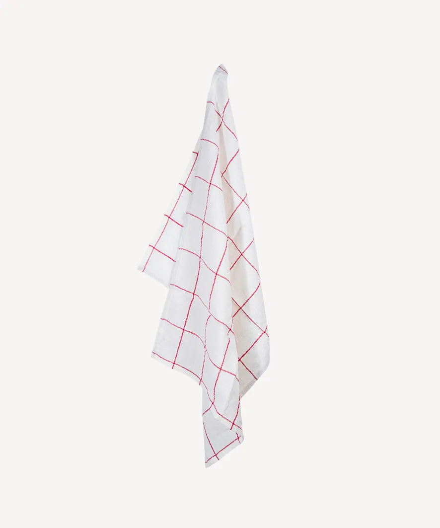 French Country Collections Woven Check Tea Towel in Off-white & Red