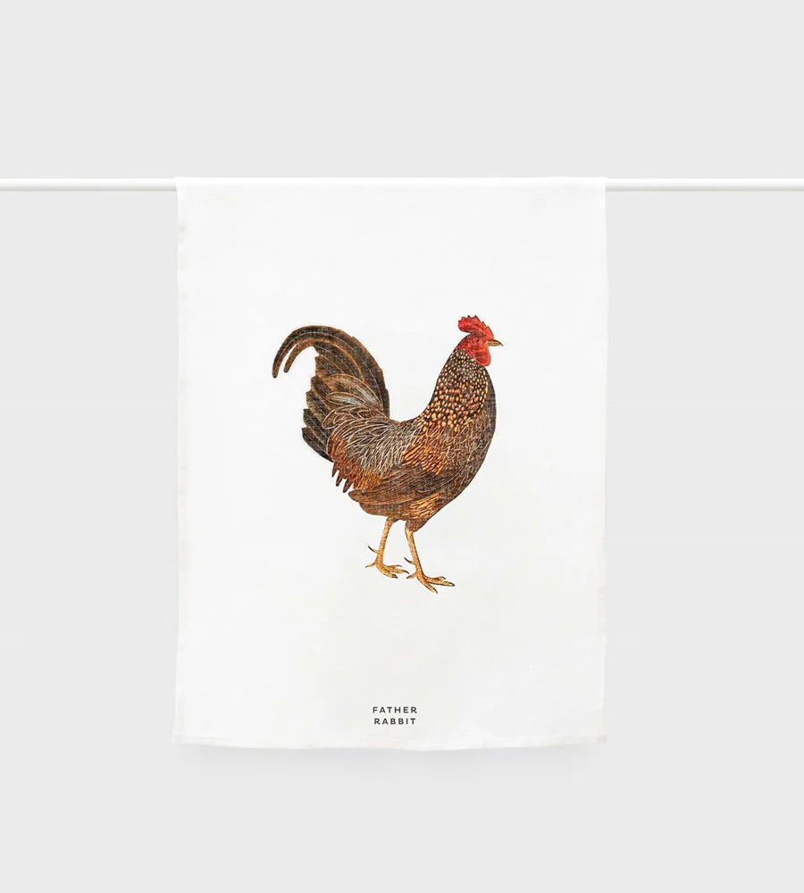 Father Rabbit Linen Tea Towel with Rooster