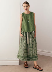 POL Lume Linen Skirt in Green Gingham