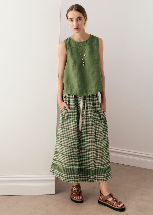 POL Lume Linen Skirt in Green Gingham
