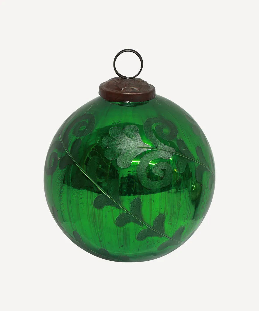 French Country Emerald Green Etched Glass Bauble