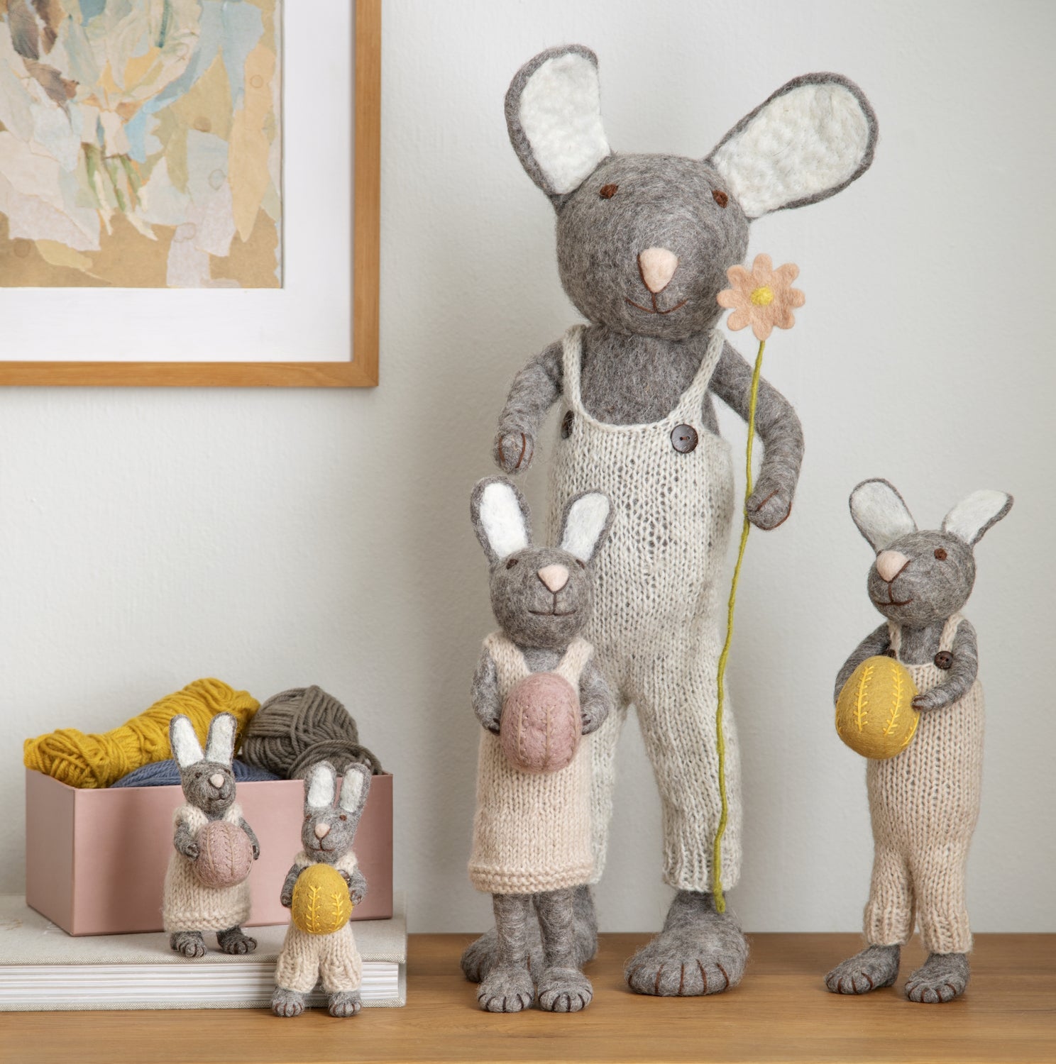 Small Grey Bunny with Pants and Egg Felt Decoration