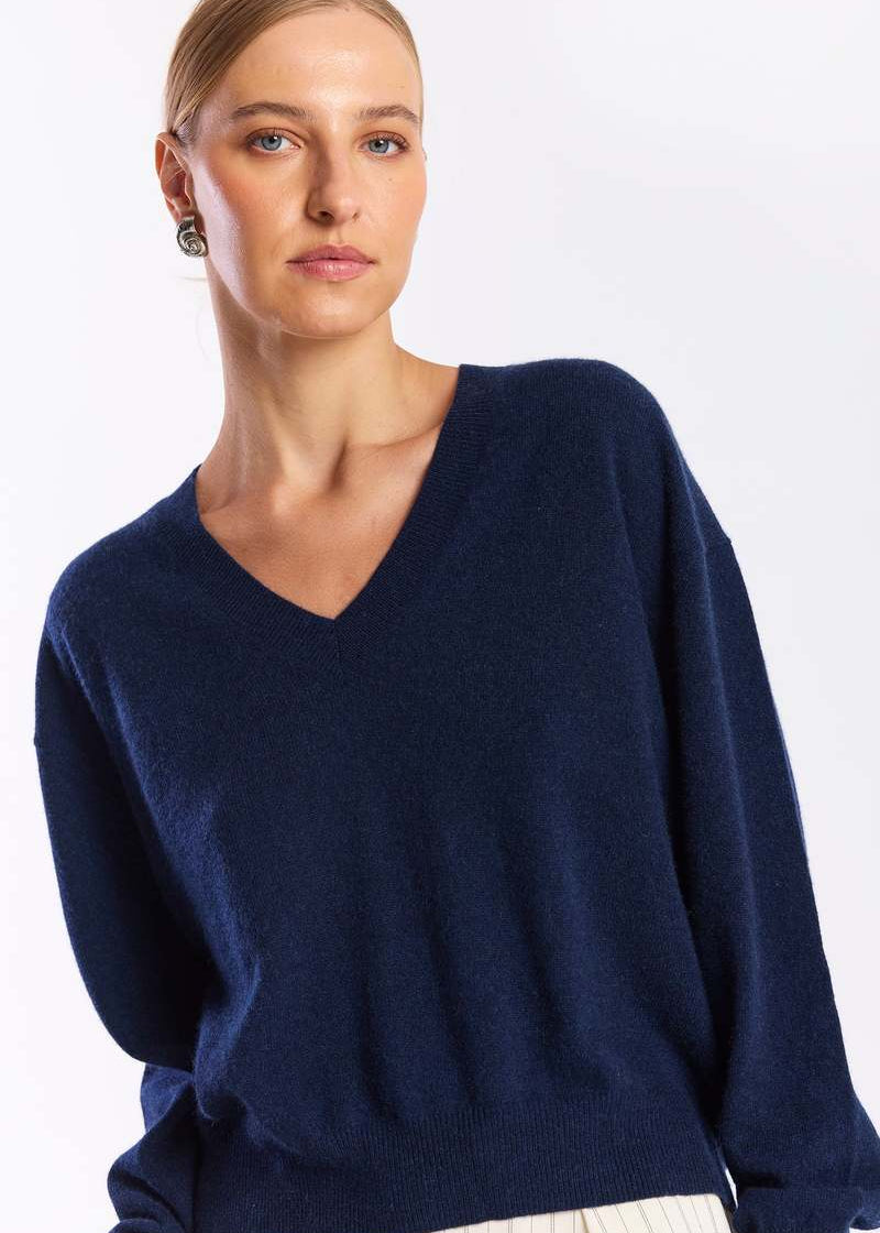 BRODIE Cashmere Hailey V Neck Sweater in Navy