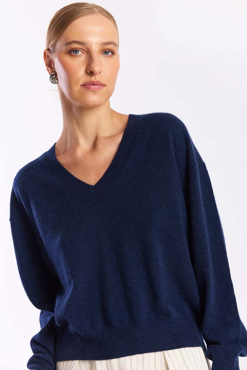 BRODIE Cashmere Hailey V Neck Sweater in Navy