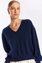 BRODIE Cashmere Hailey V Neck Sweater in Navy