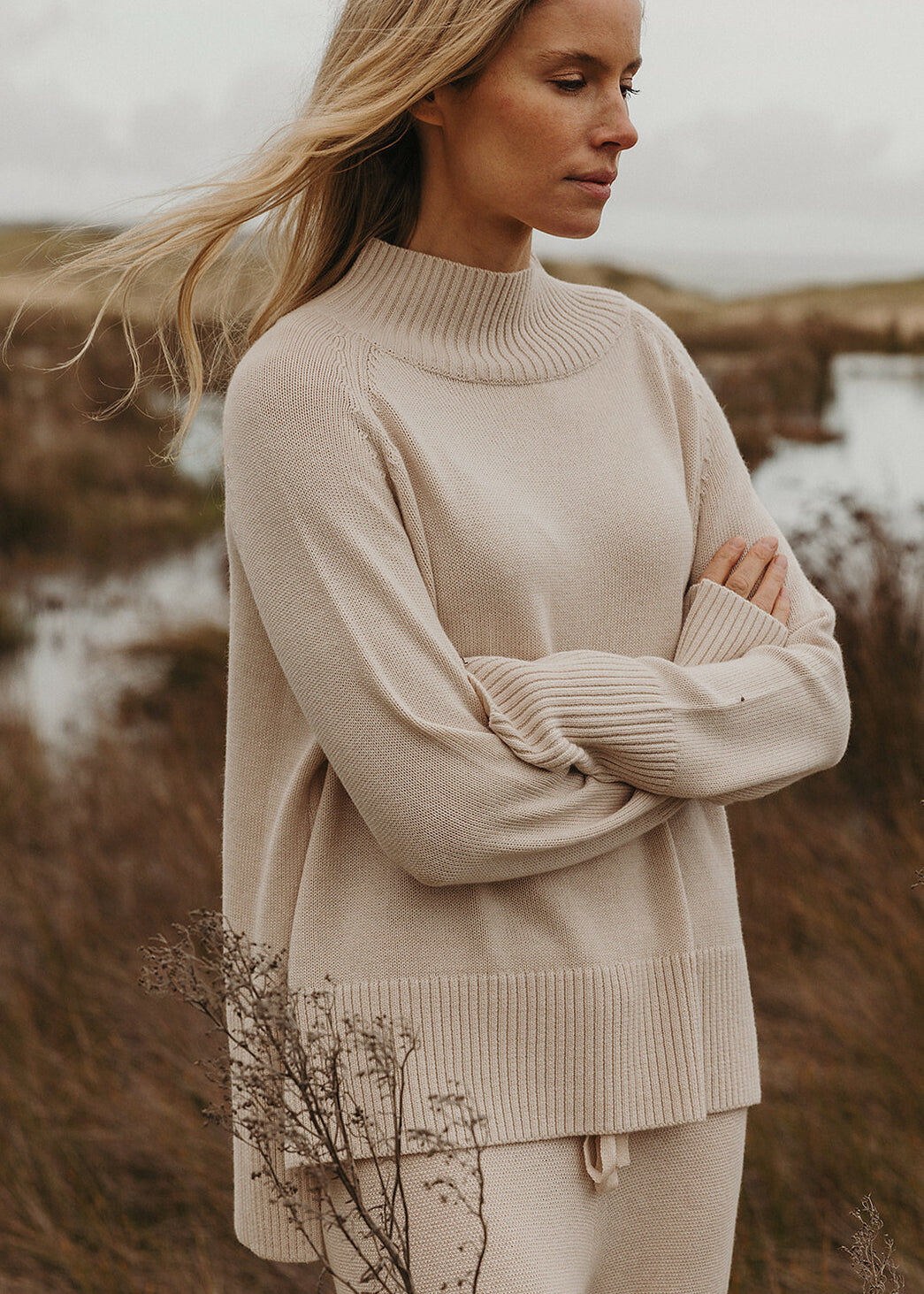 Talamaya Harmony Merino Cotton Mock Neck Pullover in Nougat