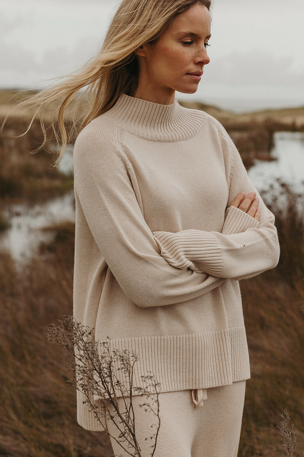 Talamaya Harmony Merino Cotton Mock Neck Pullover in Nougat