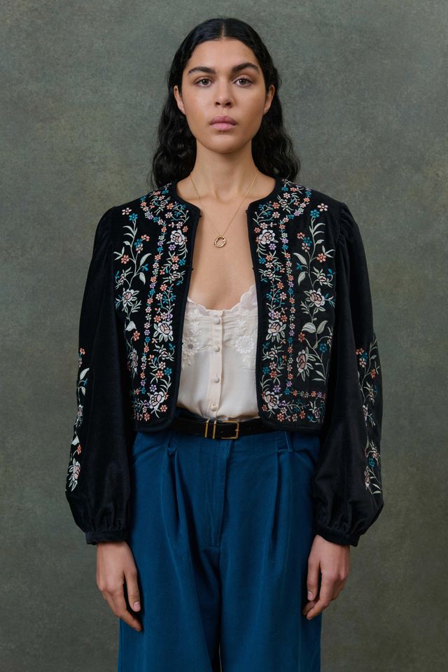 Louise Misha Duras Velvet Embroidered Jacket in Black