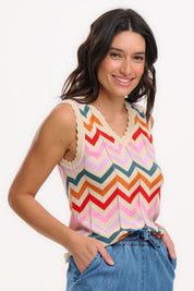 Sugarhill Brighton Rosy V Neck Knit Vest in Rainbow Chevron print