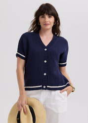 LD & Co Short Sleeved Linen Cardi in Marine