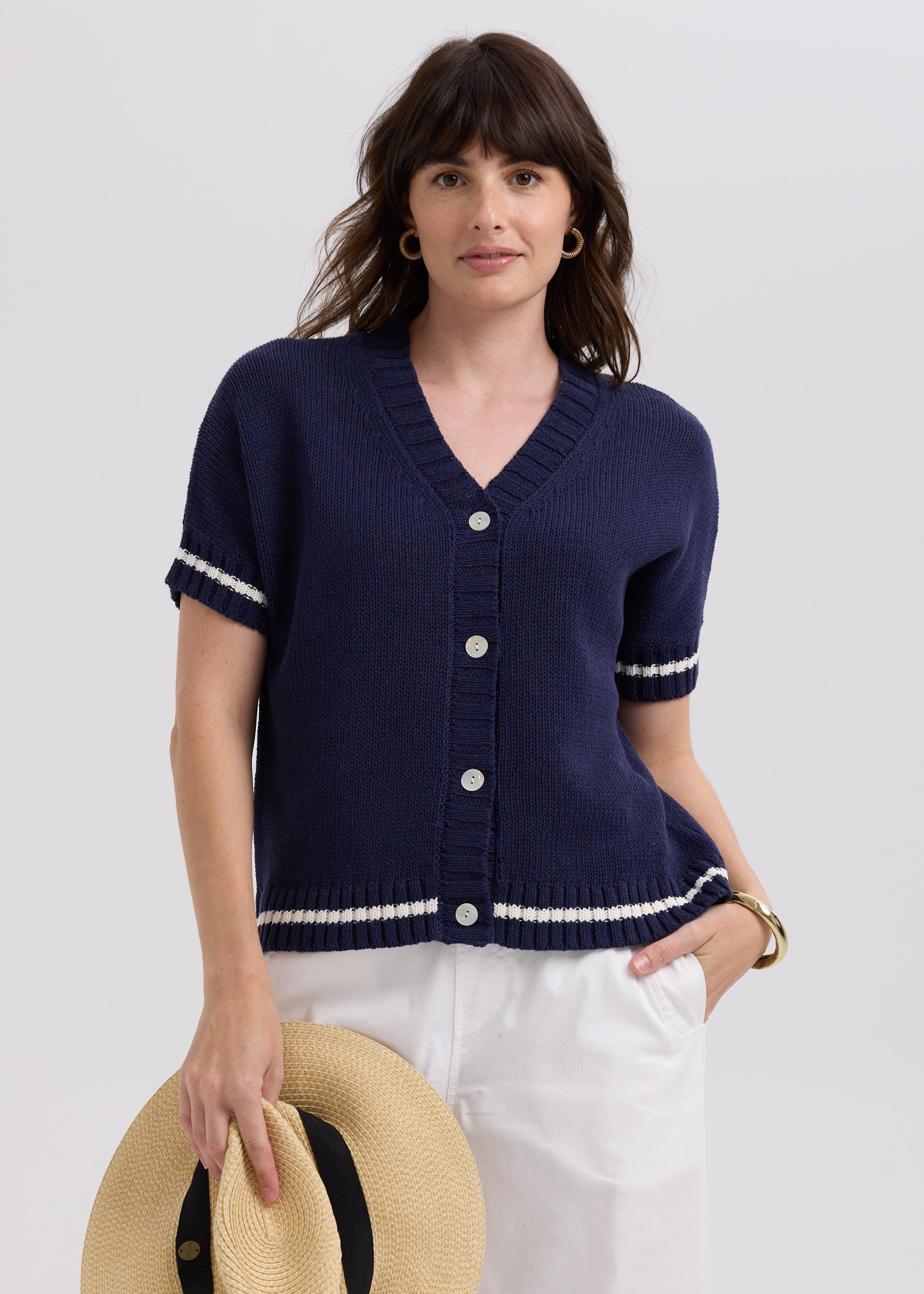 LD & Co Short Sleeved Linen Cardi in Marine