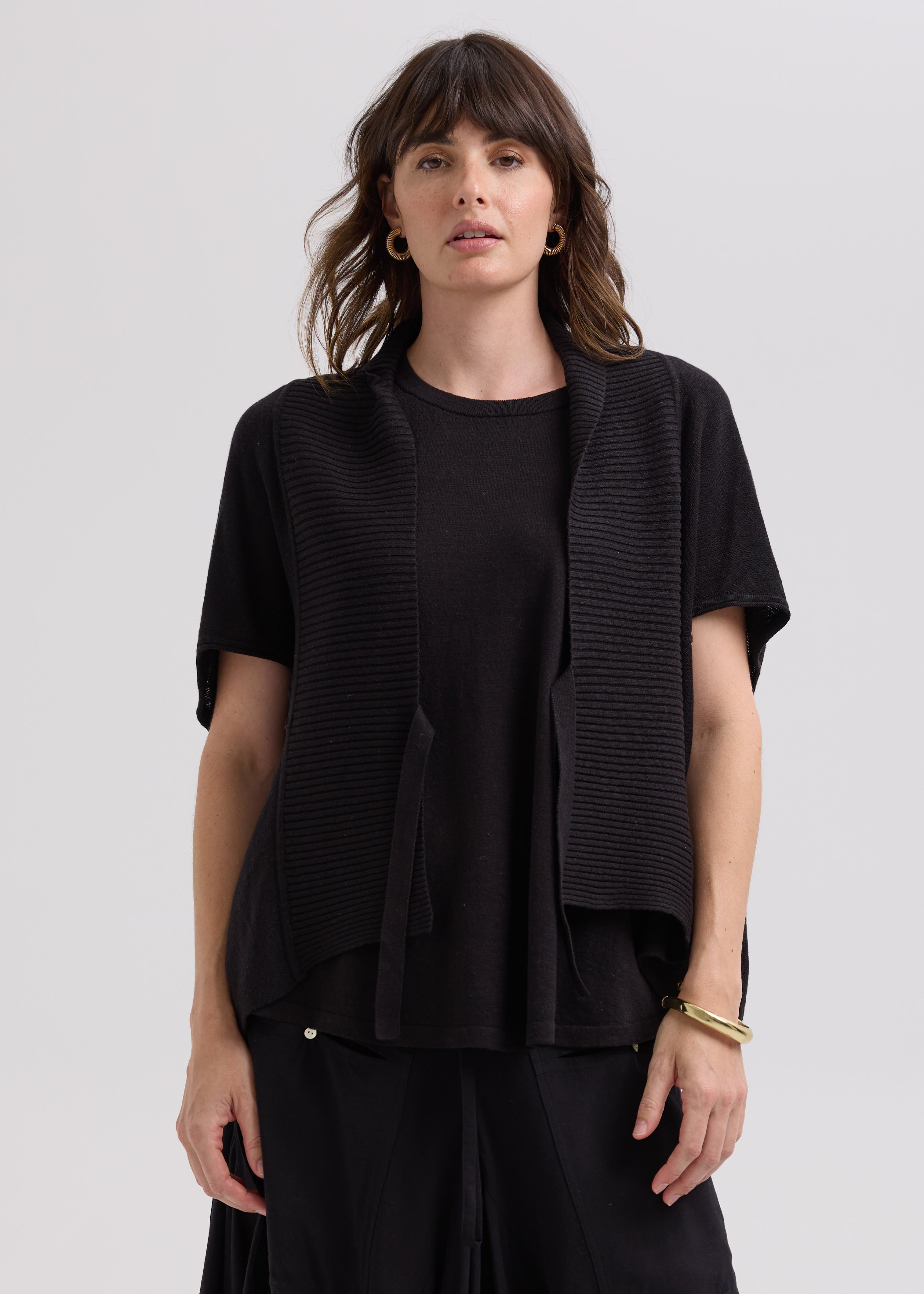 Linen Tie Cardi- Black