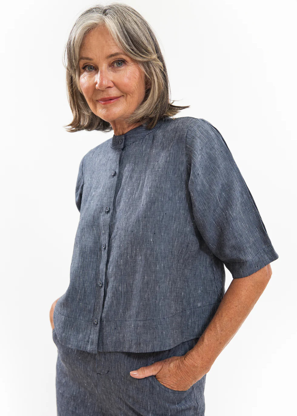 Eva's Sunday Loretta Top in Navy Pinstripe