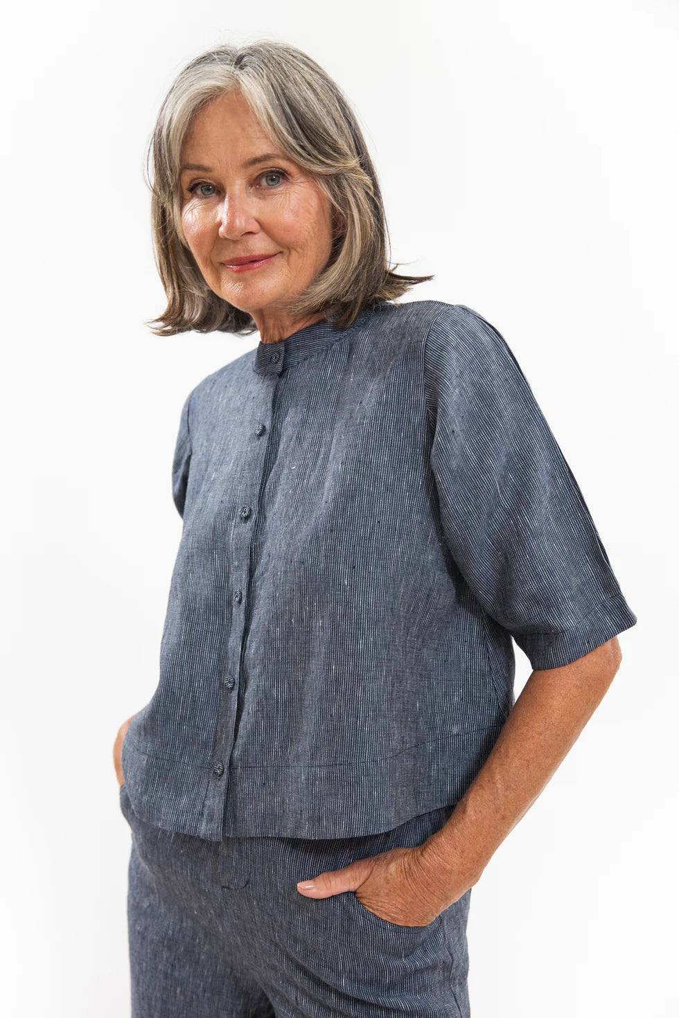 Eva's Sunday Loretta Top in Navy Pinstripe
