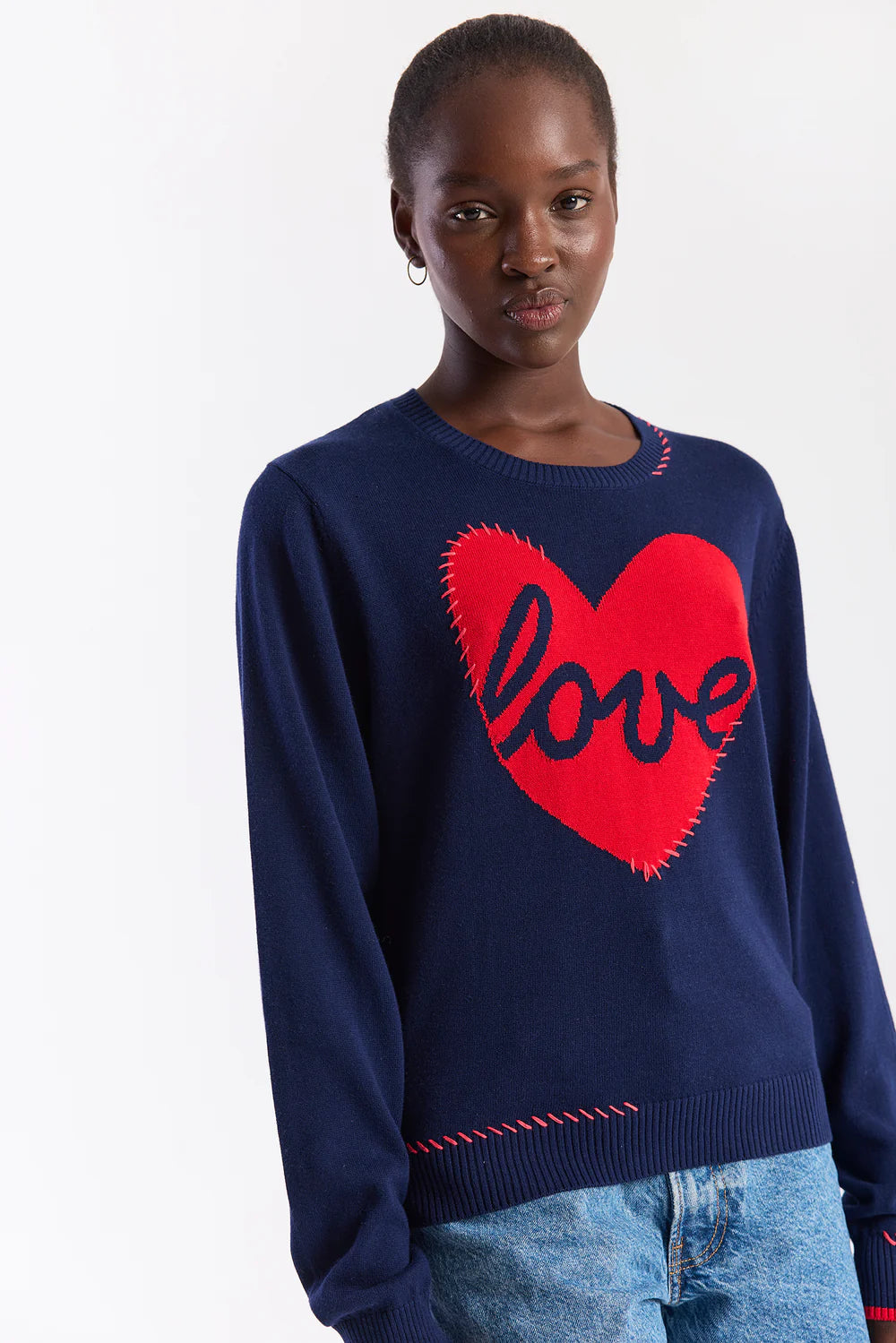 Love Heart Stitch Crew- Navy