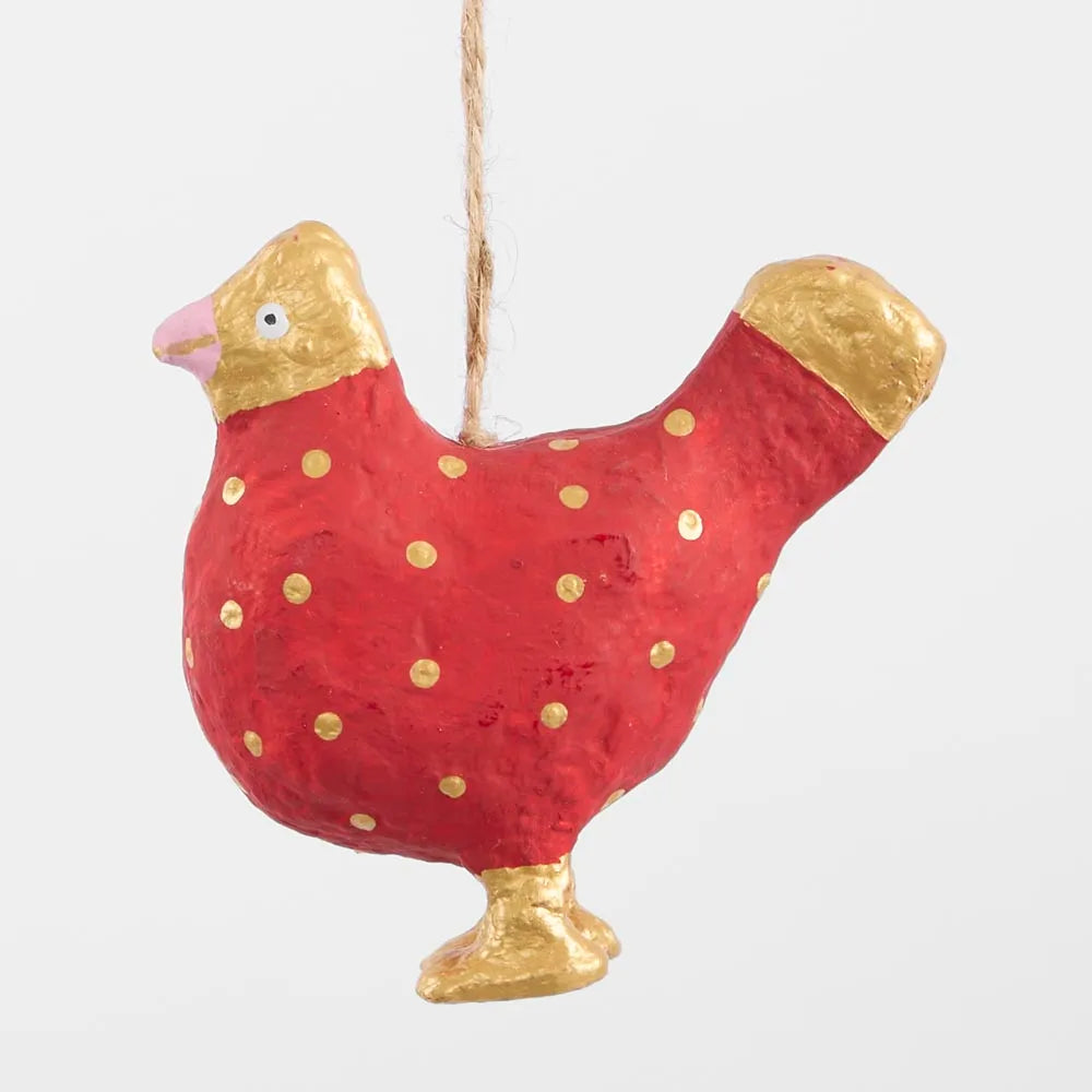 Vixen & Velvet Mache Red Spotty Chicken Tree Decoration