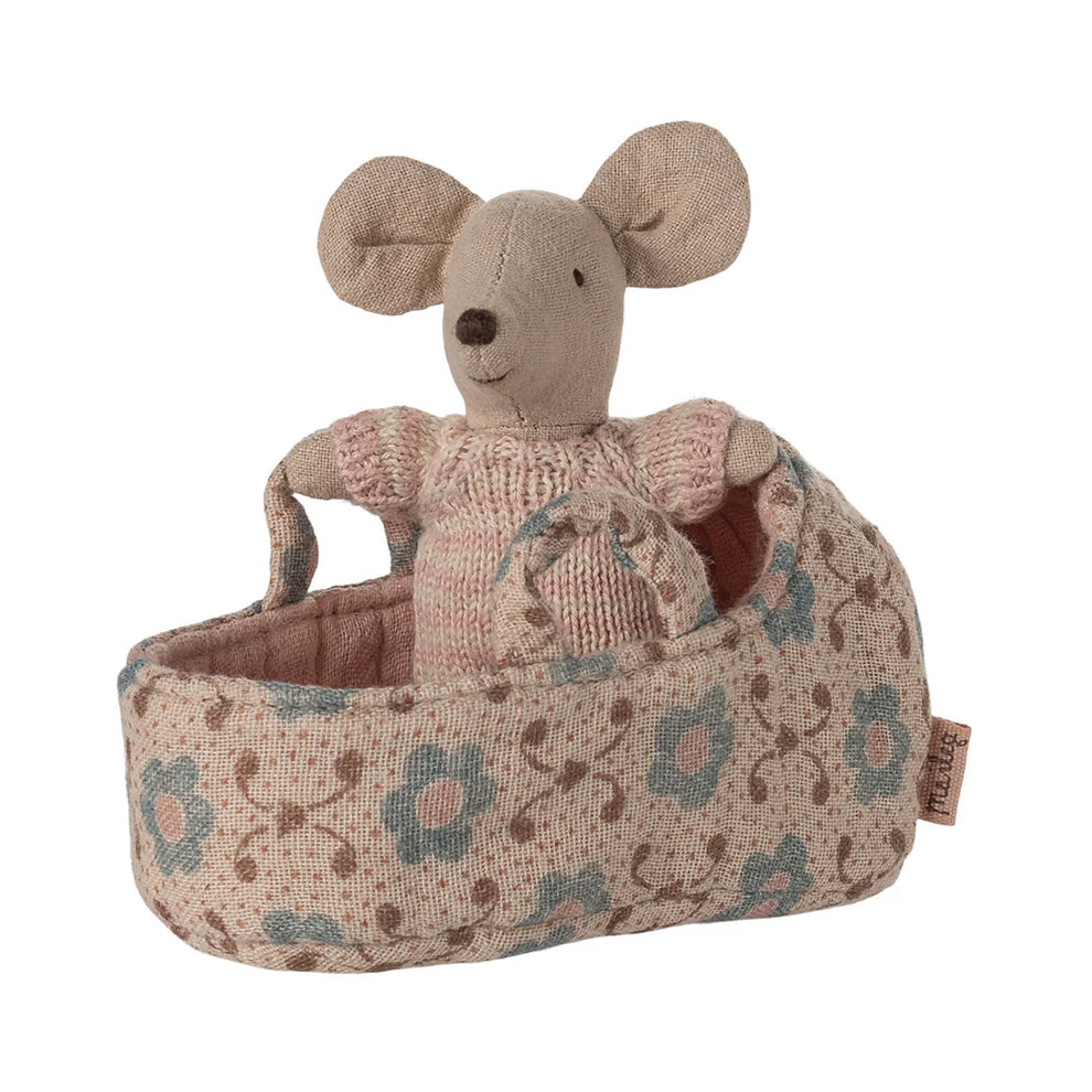 Maileg Baby Mouse in Carry Cot Rose