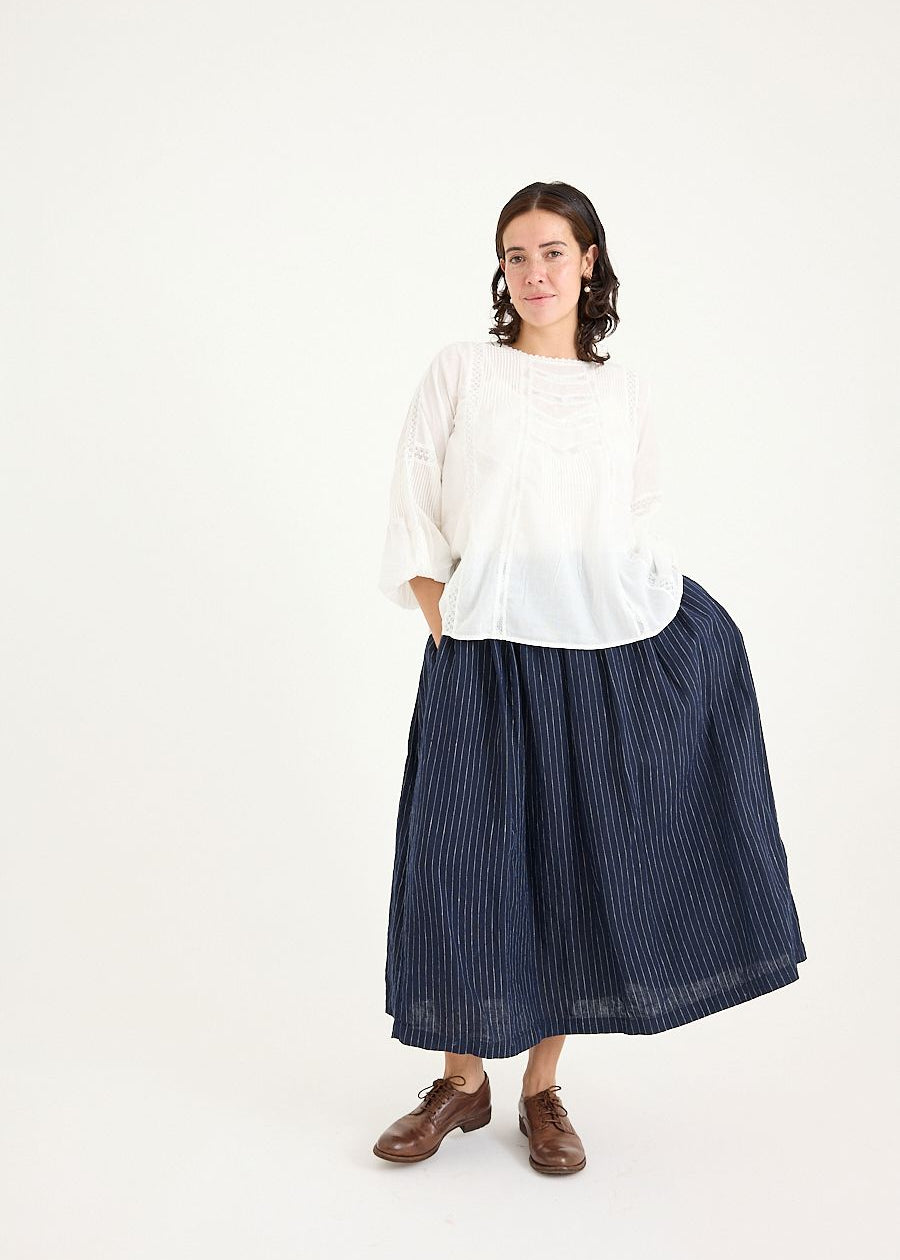 Metta Melbourne Sydney Linen Pinstripe Skirt in Navy