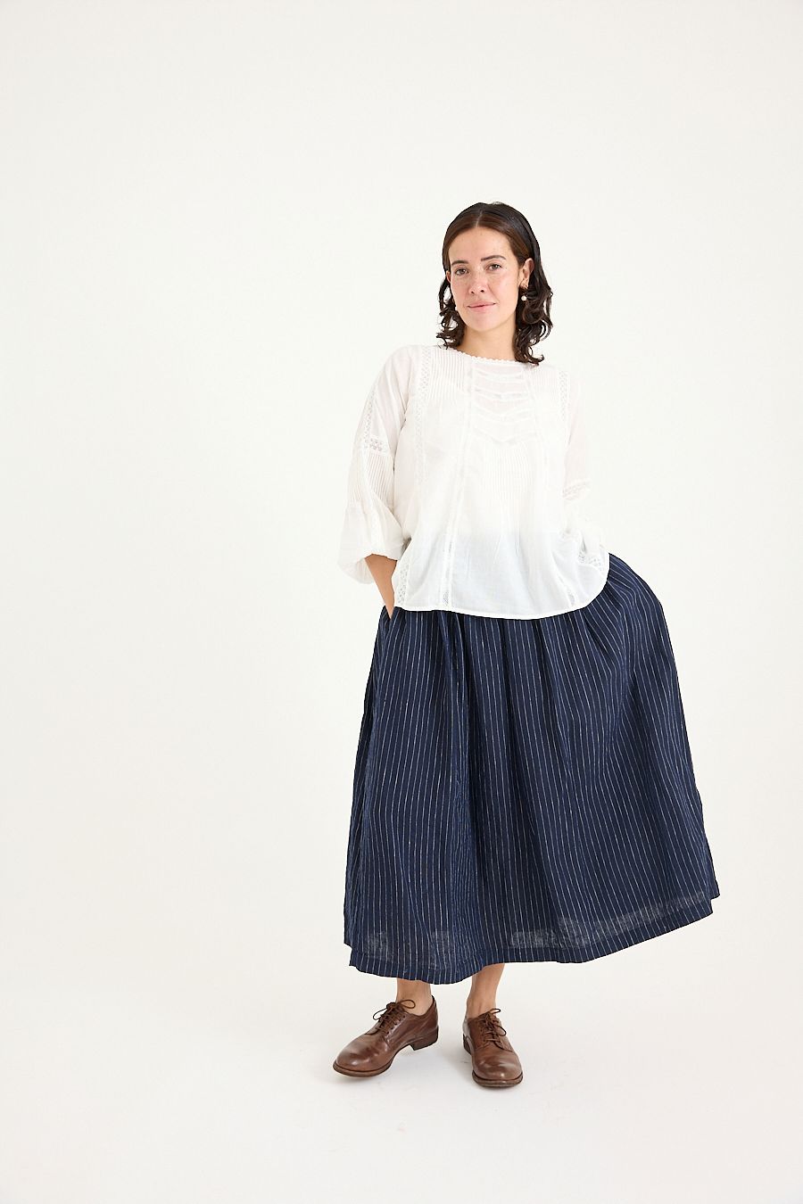 Metta Melbourne Sydney Linen Pinstripe Skirt in Navy